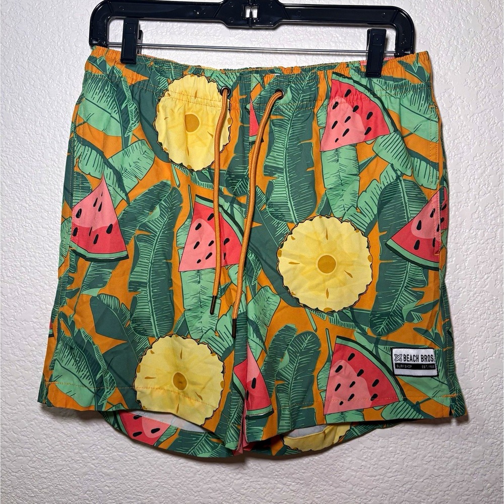 Beach Bros. Men's Swim Shorts S Multicolor Tropical Print Drawstring Elastic